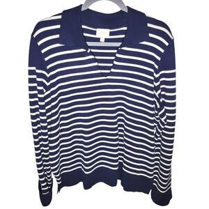 CYRUS Navy White Striped Polo Collar V Neck Long Sleeve Sweater Women XL
